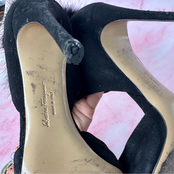 SALVATORE FERRAGAMO Francesca Mink Trim Suede Leather Pumps Black Sz 5.5 - Picture 13 of 16